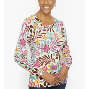 Talbots Puff Sleeve Merino Wool Pullover Size SP Floral Stitch Print Sweater